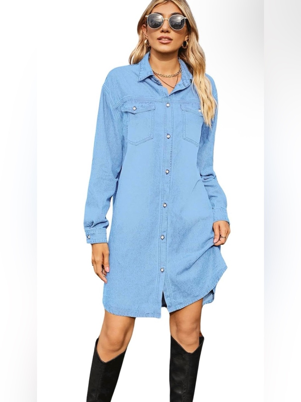 Light Blue Button-Front Shirt Dress